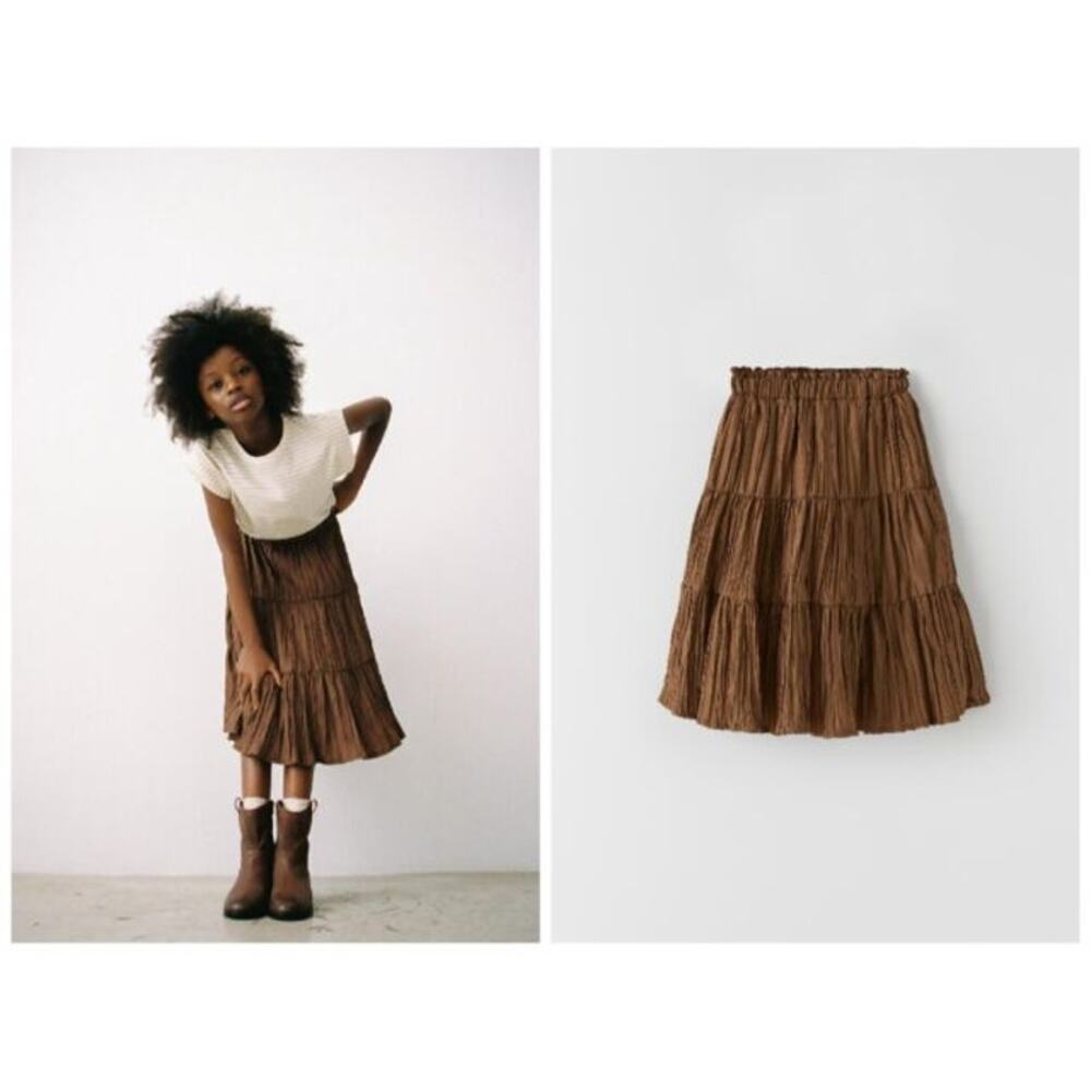 Zara Girls Pleated Midi Tafetta Skirt Toffee Brown size 11/12